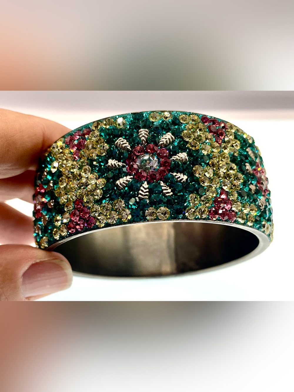 Vintage Rhinestone Crystal Floral Cuff Bracelet Wide Multicolor Statement